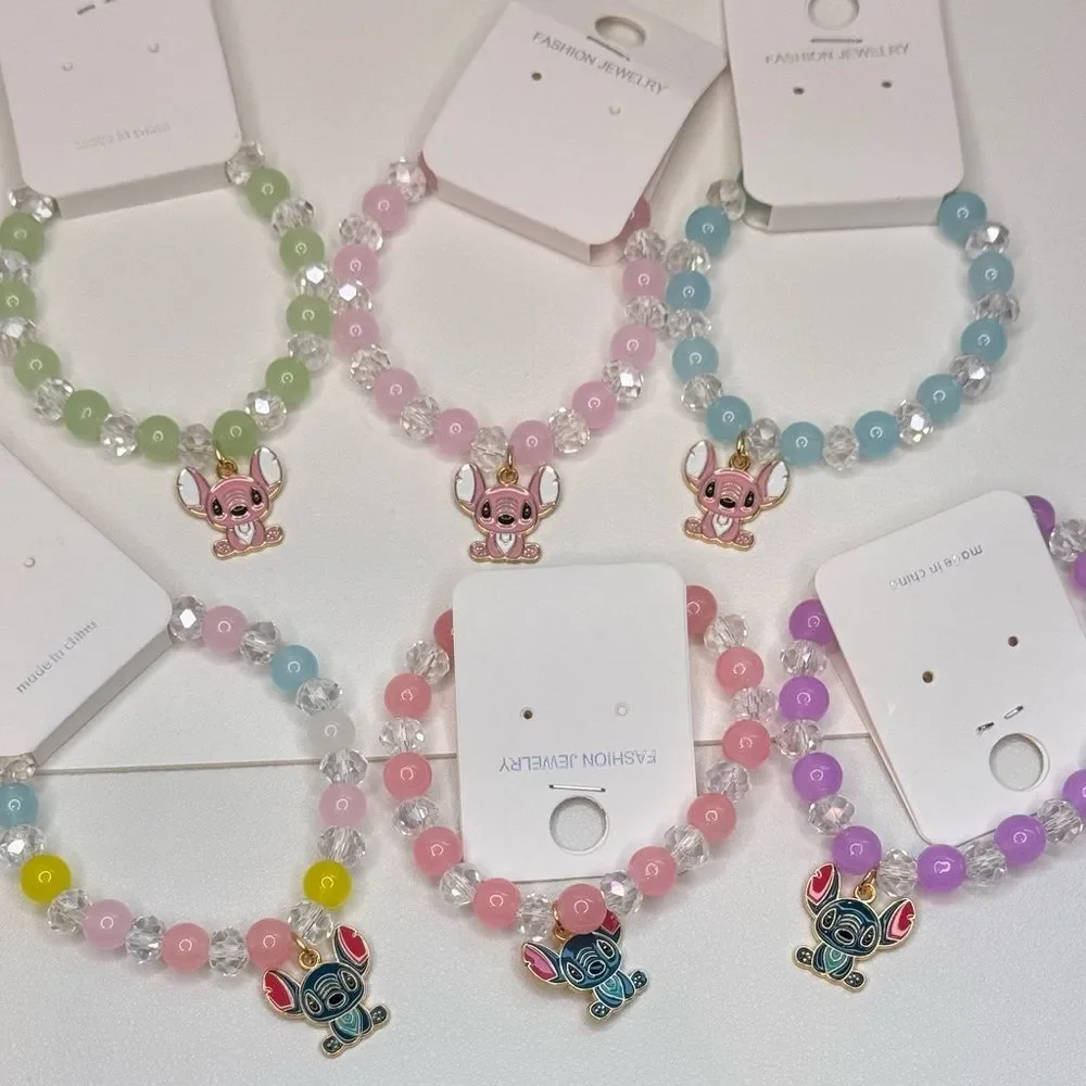 Colorful Kids Beaded Stretch Bracelet Purple beads green charm